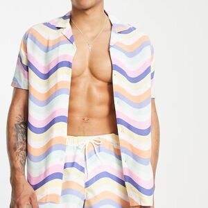 ASOS DESIGN Pastel Wavy Stripe Shirt Mens Size XS Button Up Short Sleeve Revere